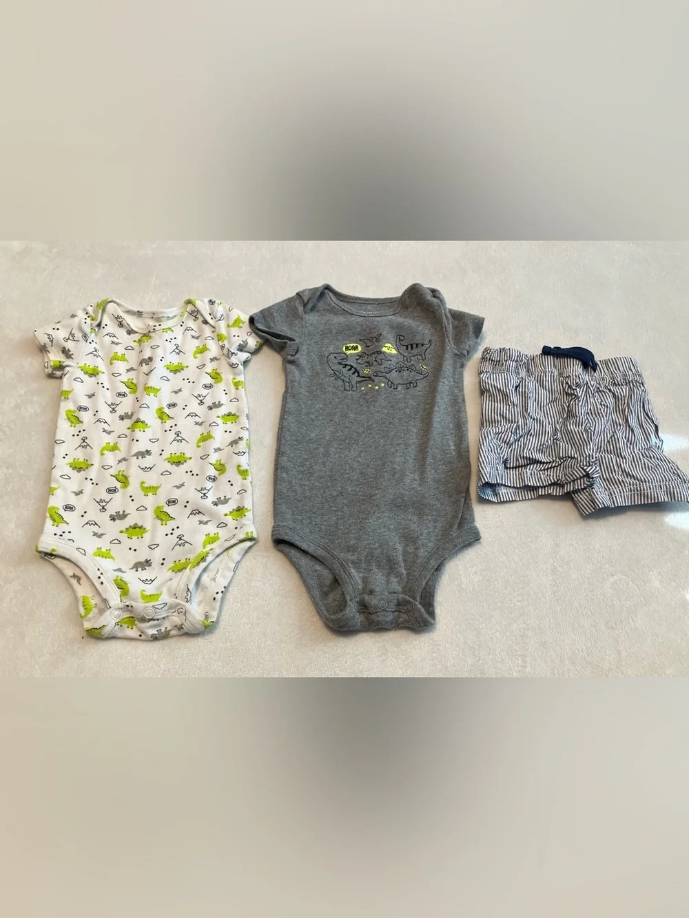 White and Gray Onesies with Dinosaur Print and Striped Shorts
